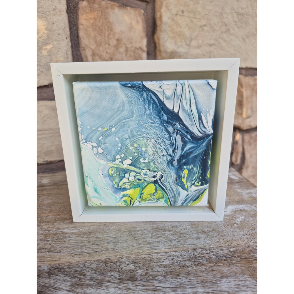 Abstract‎ Ocean Fluid Art 6.5x6.5 Framed Canvas Blue Green Acrylic Pour Painting